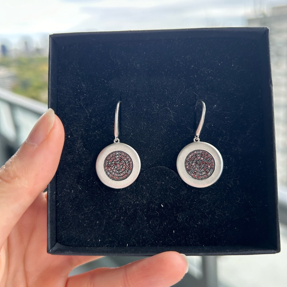 Red diamond and silver disk drop earrings